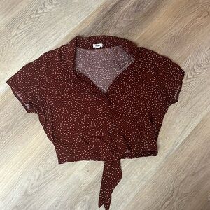 Garage Burgundy/Brown and white Polka Dot 3 button tie- Front crop Top XS